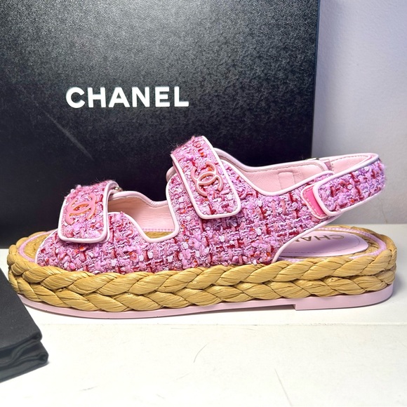 NEW CHANEL 22P DAD SANDALS CC LOGO PINK PURPLE TWEED PAT.LEATHER SZ 38 - Picture 5 of 16